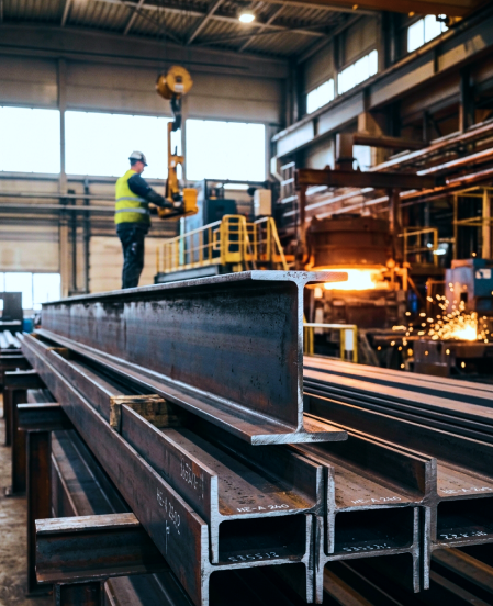 Steel worker operating machinery at a mill